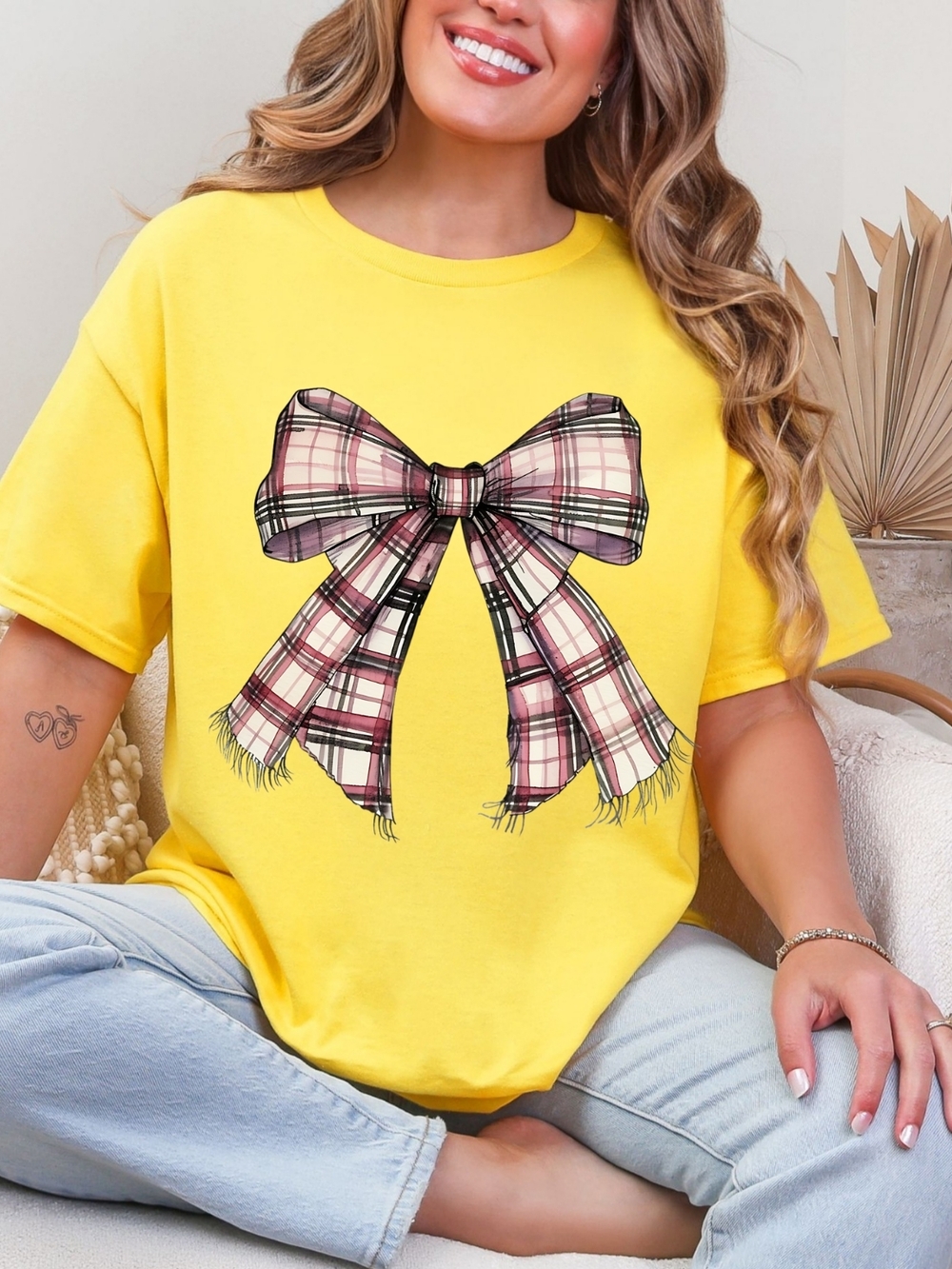 Gildan Yellow Tee with Pink Plaid Bow Graphic